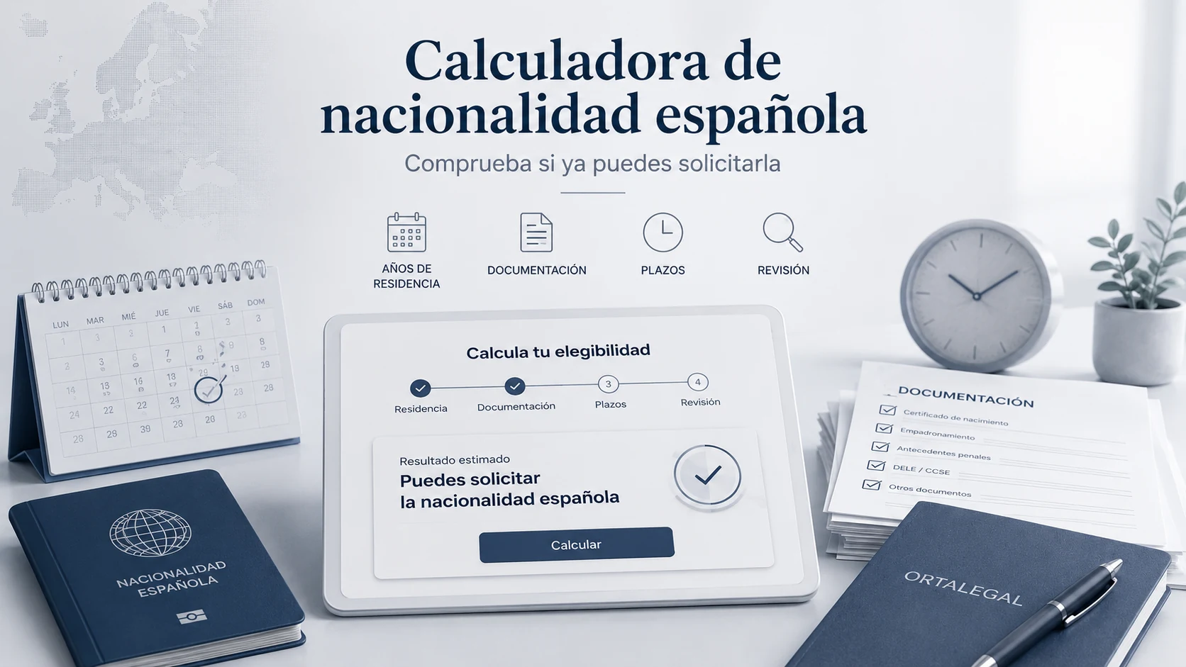 Tablet con calculadora de nacionalidad española y documentación orientativa sobre plazos y residencia