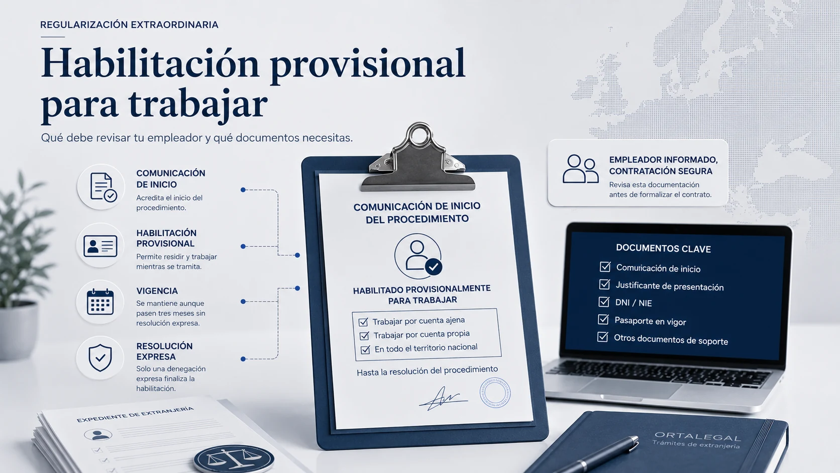 Comunicación de inicio y documentos para acreditar la habilitación provisional para trabajar durante la regularización extraordinaria